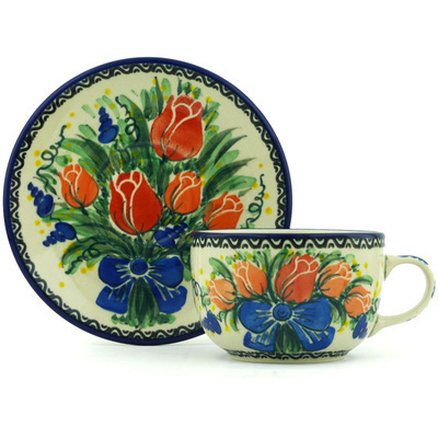 Polish Pottery Cup with Saucer 9 oz Tulip Bouquet UNIKAT