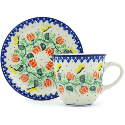 Polish Pottery Cup with Saucer 9 oz Vine Of Love
