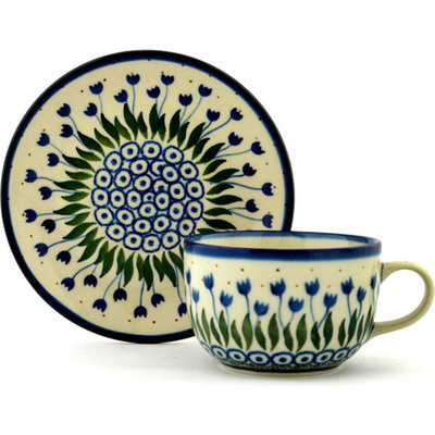 Polish Pottery Cup with Saucer 9 oz Water Tulip