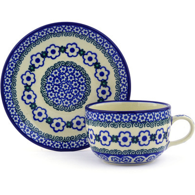 Polish Pottery Cup with Saucer 9 oz White Daisy Dots