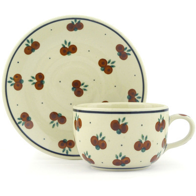 Polish Pottery Cup with Saucer 9 oz Wild Cherry