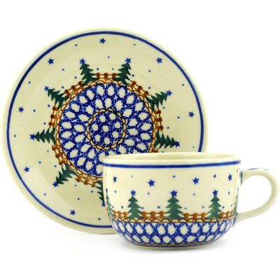 Polish Pottery Cup with Saucer 9 oz Winter Evergreen