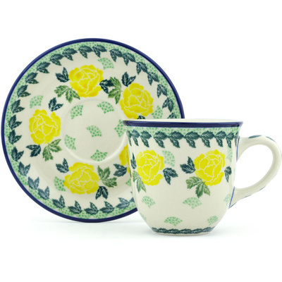 Polish Pottery Cup with Saucer 9 oz Yellow Rose