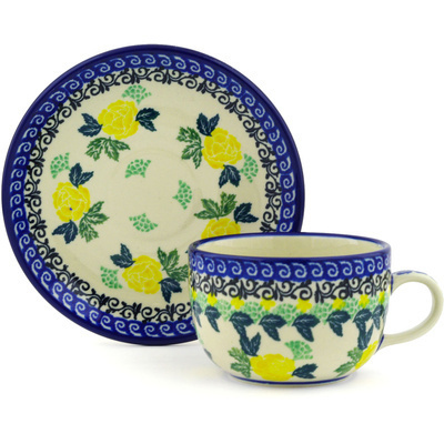 Polish Pottery Cup with Saucer 9 oz Yellow Rose