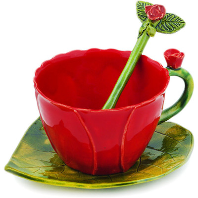 Ceramic Cup with Saucer and Spoon 9 oz Red