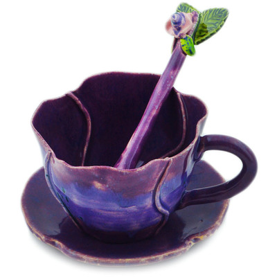 Polish Pottery Cup with Saucer and Spoon 9 oz Rustic Purple