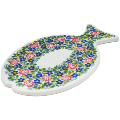 Polish Pottery Cutting Board 10&quot; Blue Daisy And Rose Garden