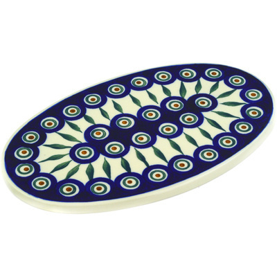 Polish Pottery Cutting Board 10&quot; Peacock Leaves