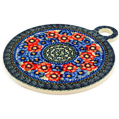 Polish Pottery Cutting Board 11&quot; Blue And Red Poppies UNIKAT