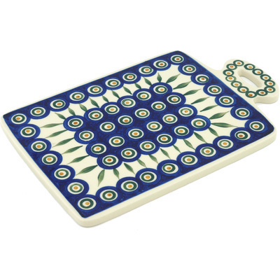 Polish Pottery Cutting Board 12&quot; Peacock Leaves