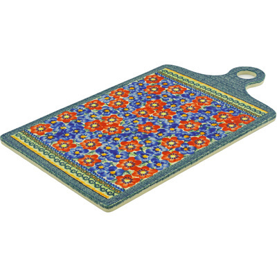 Polish Pottery Cutting Board 18&quot; Blue And Red Poppies UNIKAT