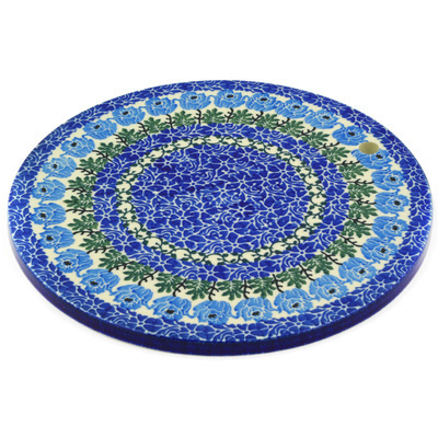 Polish Pottery Cutting Board 8&quot; Blue Rosette Wreath
