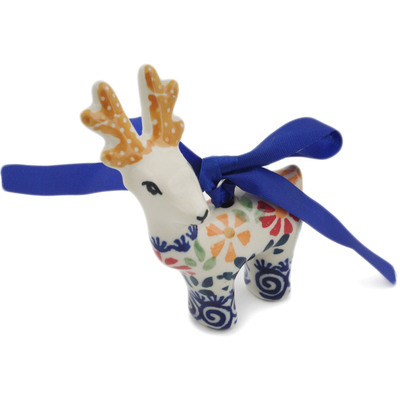 Polish Pottery Deer Ornament 3&quot; Wave Of Flowers