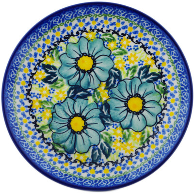 Polish Pottery Dessert Plate 7&frac12;-inch Cadet Blue Flowers UNIKAT