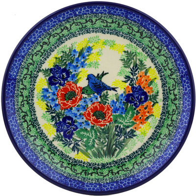 Polish Pottery Dessert Plate Blue Bird Meadow UNIKAT