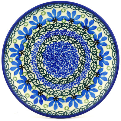 Polish Pottery Dessert Plate Blue Fan Flowers