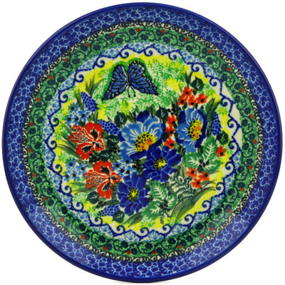 Polish Pottery Dessert Plate Blue Monarch Garden UNIKAT