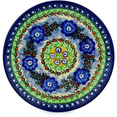 Polish Pottery Dessert Plate Blue Poppy Circle UNIKAT