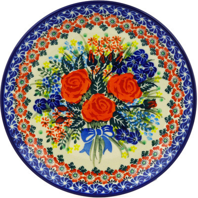 Polish Pottery Dessert Plate Blue Ribbon Roses UNIKAT