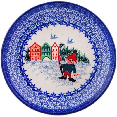 Polish Pottery Dessert Plate Christmas Gnome In Town UNIKAT
