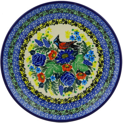 Polish Pottery Dessert Plate Red Breasted Bluejay UNIKAT