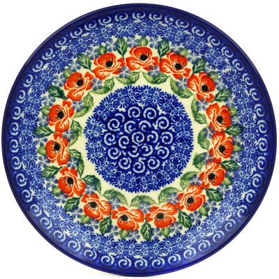 Polish Pottery Dessert Plate Red Poppies On Blue