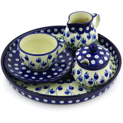 Polish Pottery Dessert Set 8 oz Bleeding Heart Peacock