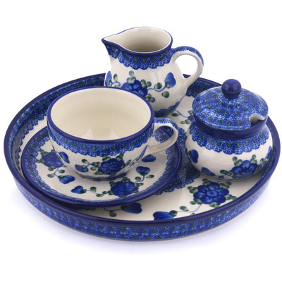 Polish Pottery Dessert Set 8 oz Blue Poppies