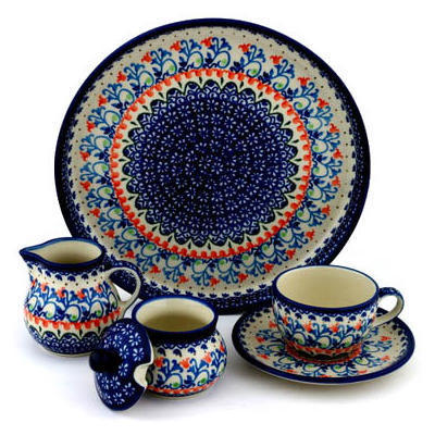 Polish Pottery Dessert Set 8 oz Orange Tulips UNIKAT