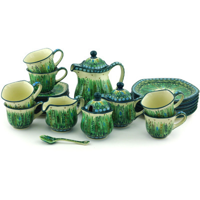 Polish Pottery Dessert Set for 6 29 oz Prairie Land UNIKAT