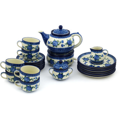 Polish Pottery Dessert Set for 6 with Heater 40 oz Blue Poppies