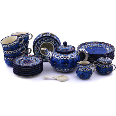 Polish Pottery Dessert Set for 6 with Heater 40 oz Cobalt Poppies UNIKAT