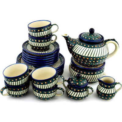 Polish Pottery Dessert Set for 6 with Heater 40 oz Emerald Peacock