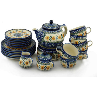Polish Pottery Dessert Set for 6 with Heater 40 oz Sea Fall Yellow Flowers