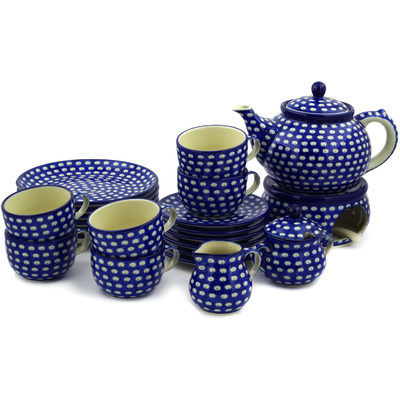 Polish Pottery Dessert Set for 6 with Heater 40 oz Stepping Stones