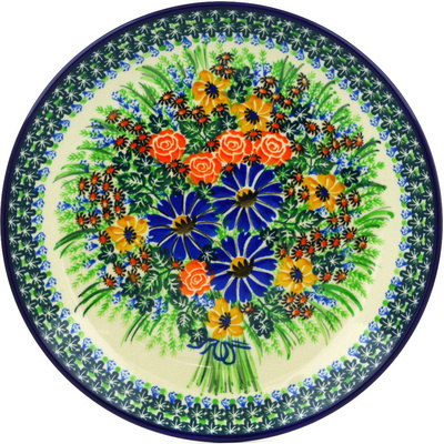Polish Pottery Dinner Plate 10&frac12;-inch Blue Ribbon Bouquet UNIKAT