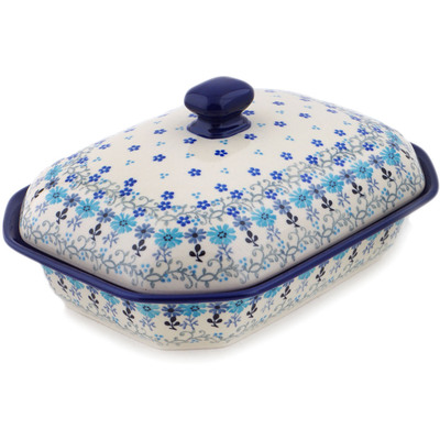 Polish Pottery Dish with Cover 10&quot; Baby Blue Garden