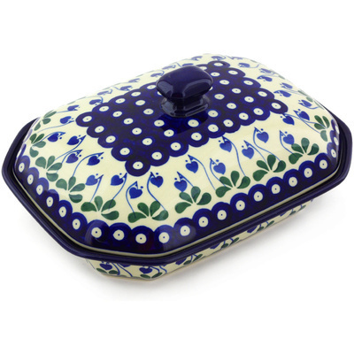 Polish Pottery Dish with Cover 10&quot; Bleeding Heart Peacock