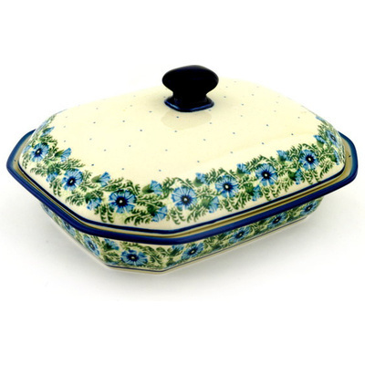 Polish Pottery Dish with Cover 10&quot; Blue Bell Wreath