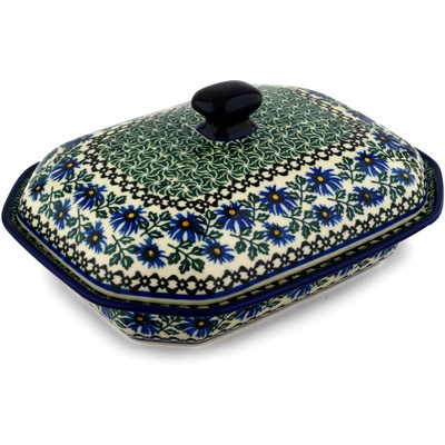 Polish Pottery Dish with Cover 10&quot; Blue Chicory