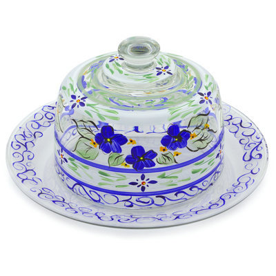 Glass Dish with Cover 10&quot; Blue Floral