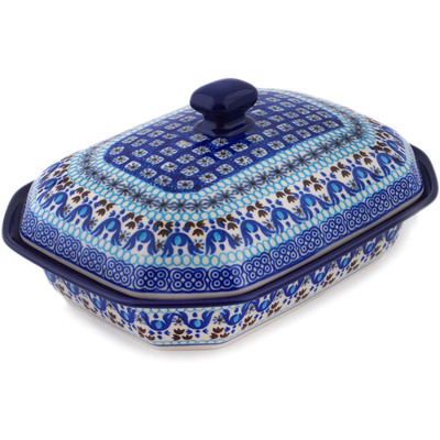 Polish Pottery Dish with Cover 10&quot; Blue Ice