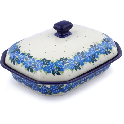 Polish Pottery Dish with Cover 10&quot; Blue Rose