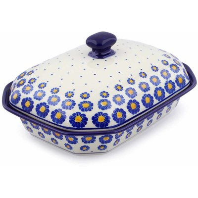 Polish Pottery Dish with Cover 10&quot; Blue Zinnia