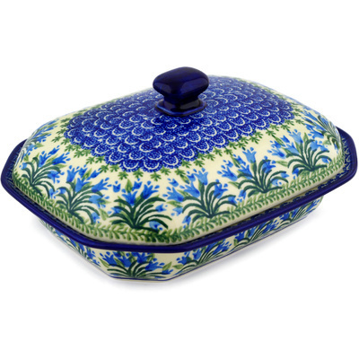 Polish Pottery Dish with Cover 10&quot; Feathery Bluebells