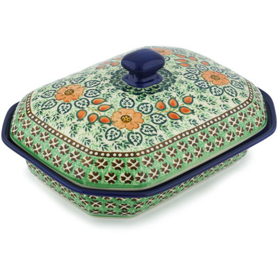 Polish Pottery Dish with Cover 10&quot; Four Leaf Clover UNIKAT