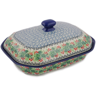 Polish Pottery Dish with Cover 10&quot; Holly Berry Wreath
