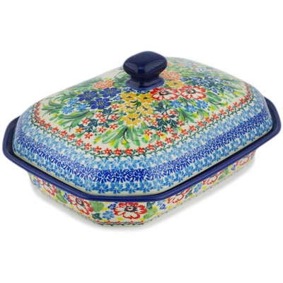 Polish Pottery Dish with Cover 10&quot; Hummingbird Meadow UNIKAT