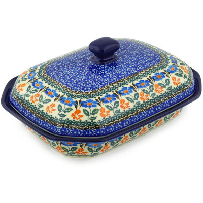 Polish Pottery Dish with Cover 10&quot; Orange And Blue Delight