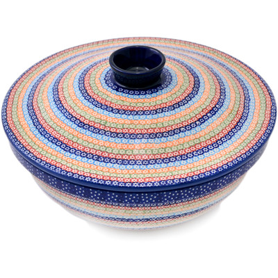 Polish Pottery Dish with Cover 10&quot; Rainbow Chains UNIKAT